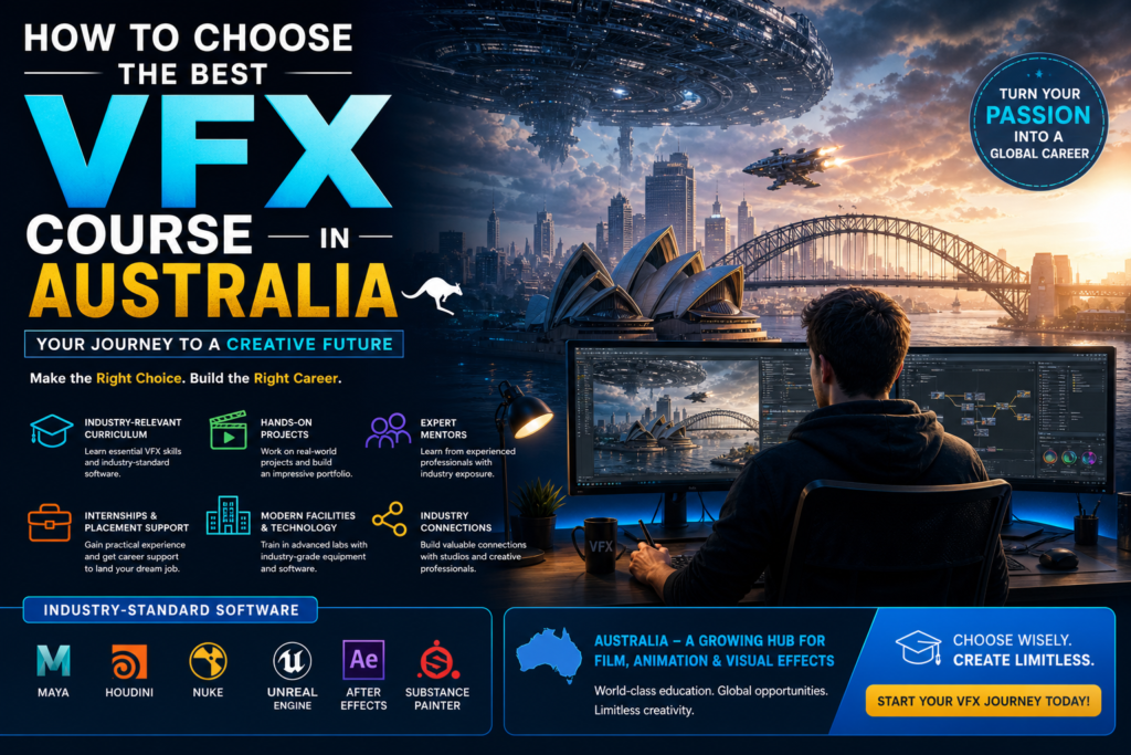 Infographic banner about the best VFX course in Australia featuring a student working on visual effects software, Sydney Opera House, Harbour Bridge, futuristic city skyline, and key VFX course features with software icons.